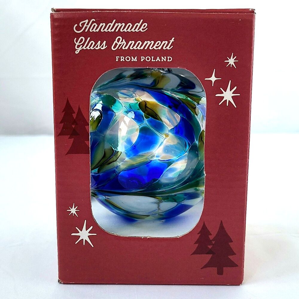 Zorza Artisan Mouth Blown Glass Christmas Ornament Large Round Blue Swirl Poland - Picture 8 of 9